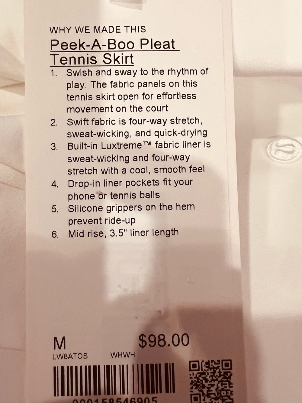 Lululemon Peek-A-Boo Pleat Tennis Skirt White NWT Medium - Picture 9 of 11